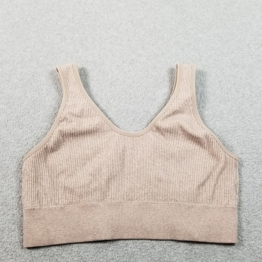 Aerie Sports Bra Womens Large L Tan Beige Stretch Ribbed Gym Activewear Wireless